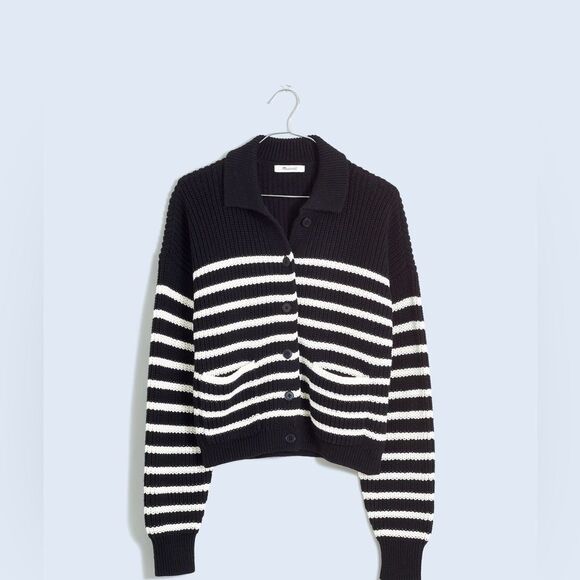 NEW MADEWELL Ribbed Polo Cardigan Sweater in “True Black” stripe - Picture 7 of 9
